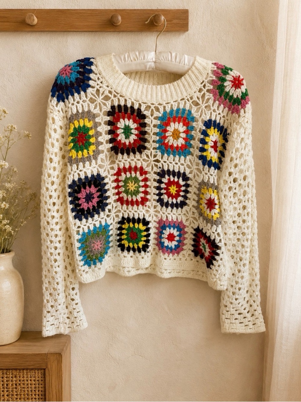 Debut Granny Square Boho Cottage Core Hippie Crochet Crop Top Cream Colorful M